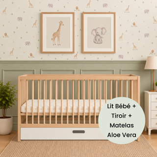 Midi Lit Bébé avec Tiroir & Matelas Aloe Vera | Hêtre Naturel - Mokee