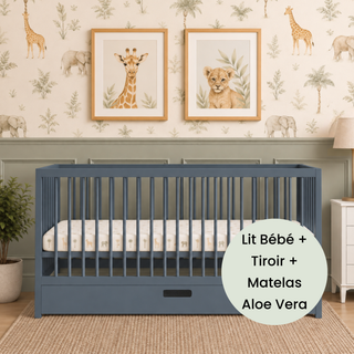 Midi Lit Bébé avec Tiroir & Matelas Aloe Vera | Bleu Grisé - Mokee