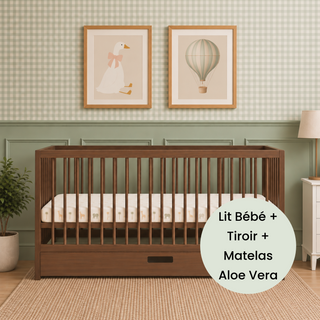 Midi Lit Bébé avec Tiroir & Matelas Aloe Vera | Noyer