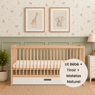 Midi Lit Bébé avec Tiroir & Matelas Naturel | Hêtre Naturel - Mokee
