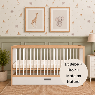 Midi Lit Bébé avec Tiroir & Matelas Naturel | Hêtre Blanc - Mokee