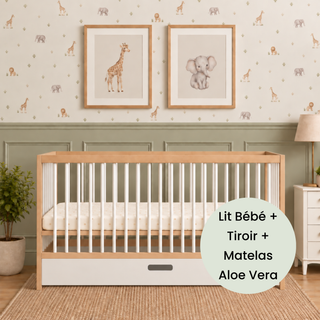 Midi Lit Bébé avec Tiroir & Matelas Aloe Vera | Hêtre Blanc - Mokee