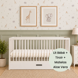 Midi Lit Bébé avec Tiroir & Matelas Aloe Vera | Blanc - Mokee