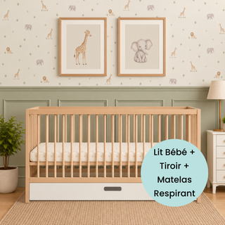 Midi Lit Bébé avec Tiroir & Matelas Respirant | Hêtre Naturel - Mokee