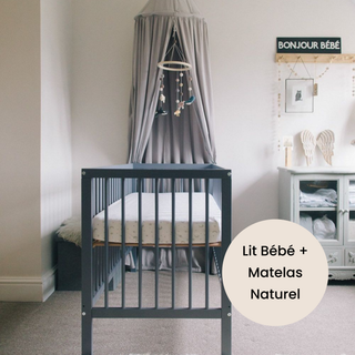 Midi Lit bébé avec Matelas Naturel | Bleu Grisé