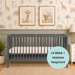 Midi Lit Bébé avec Matelas Respirant | Bleu Grisé