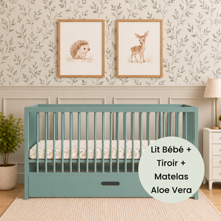 Midi Lit Bébé avec Tiroir & Matelas Aloe Vera | Vert Bleuté - Mokee