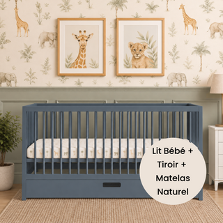 Midi Lit Bébé avec Tiroir & Matelas Naturel | Bleu Grisé - Mokee