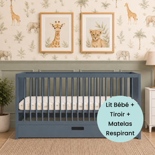 Midi Lit Bébé avec Tiroir & Matelas Respirant | Bleu Grisé - Mokee