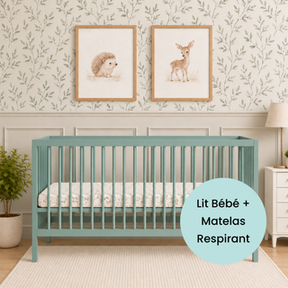 Midi Lit Bébé avec Matelas Respirant | Vert Bleuté - Mokee