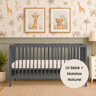 Midi Lit bébé avec Matelas Naturel | Bleu Grisé - Mokee
