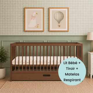 Midi Lit Bébé avec Tiroir & Matelas Respirant | Noyer - Mokee