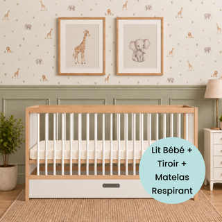 Midi Lit Bébé avec Tiroir & Matelas Respirant | Hêtre Blanc - Mokee
