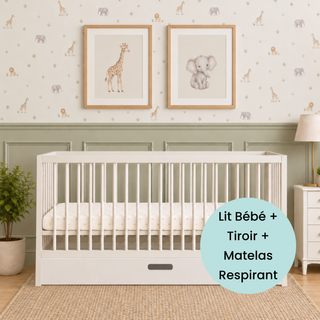 Midi Lit Bébé avec Tiroir & Matelas Respirant | Blanc - Mokee