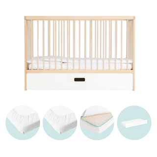 Mini Lit Bébé avec Tiroir & Matelas Respirant | Hêtre Naturel