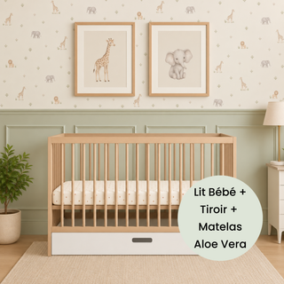Mini Lit Bébé avec Tiroir & Matelas Aloe Vera | Hêtre Naturel