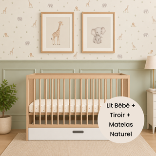 Mini Lit Bébé avec Tiroir & Matelas Naturel | Hêtre Naturel