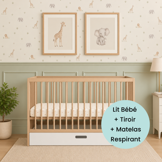 Mini Lit Bébé avec Tiroir & Matelas Respirant | Hêtre Naturel