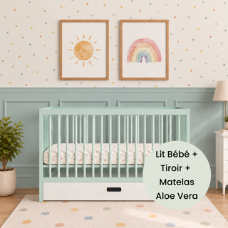 Mini Lit Bébé avec Tiroir & Matelas Aloe Vera | Menthe