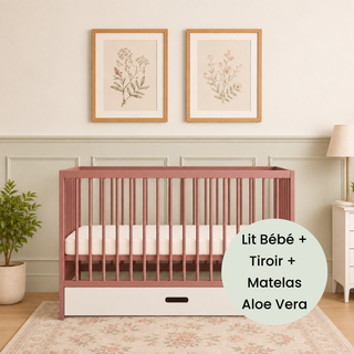 Mini Lit Bébé avec Tiroir & Matelas Aloe Vera | Vieux Rose