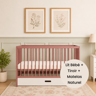 Mini Lit Bébé avec Tiroir & Matelas Naturel | Vieux Rose