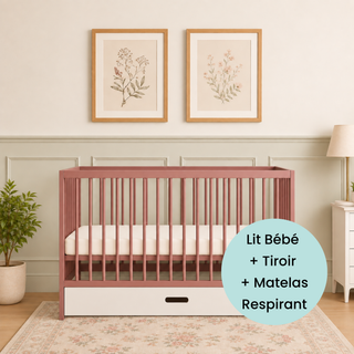 Mini Lit Bébé avec Tiroir & Matelas Respirant | Vieux Rose