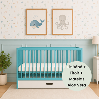 Mini Lit Bébé avec Tiroir & Matelas Aloe Vera | Bleu Océan