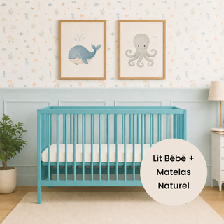 Mini Lit bébé avec Matelas Naturel | Bleu Océan
