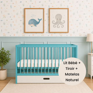 Mini Lit Bébé avec Tiroir & Matelas Naturel | Bleu Océan