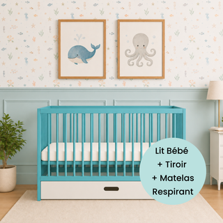 Mini Lit Bébé avec Tiroir & Matelas Respirant | Bleu Océan