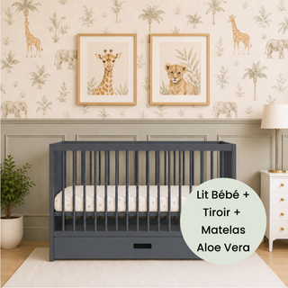 Mini Lit Bébé avec Tiroir & Matelas Aloe Vera | Bleu Grisé