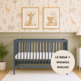 Mini Lit bébé avec Matelas Naturel | Bleu Grisé