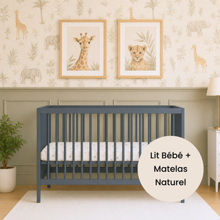 Mini Lit bébé avec Matelas Naturel | Bleu Grisé