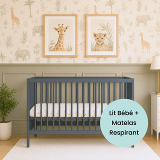 Mini Lit bébé avec Matelas Respirant | Bleu Grisé