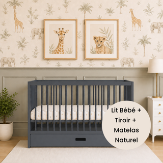 Mini Lit Bébé avec Tiroir & Matelas Naturel | Bleu Grisé