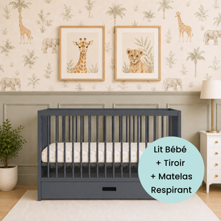 Mini Lit Bébé avec Tiroir & Matelas Respirant | Bleu Grisé