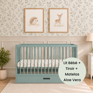 Mini Lit Bébé avec Tiroir & Matelas Aloe Vera | Vert Bleuté