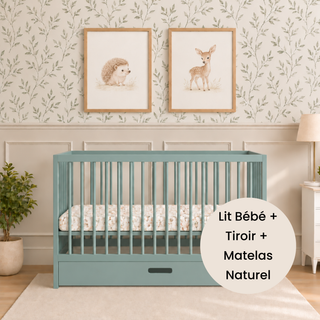 Mini Lit Bébé avec Tiroir & Matelas Naturel | Vert Bleuté