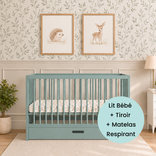Mini Lit Bébé avec Tiroir & Matelas Respirant | Vert Bleuté