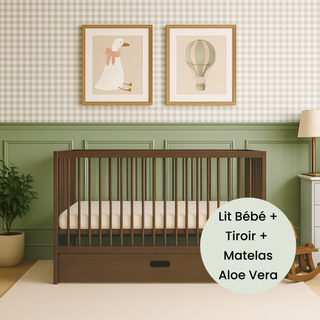 Mini Lit Bébé avec Tiroir & Matelas Aloe Vera | Noyer