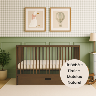 Mini Lit Bébé avec Tiroir & Matelas Naturel | Noyer