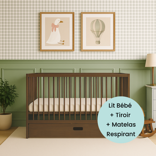 Mini Lit Bébé avec Tiroir & Matelas Respirant | Noyer