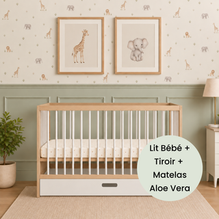 Mini Lit Bébé avec Tiroir & Matelas Aloe Vera | Hêtre Blanc