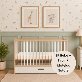 Mini Lit Bébé avec Tiroir & Matelas Naturel | Hêtre Blanc