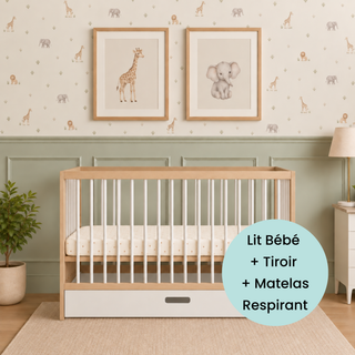 Mini Lit Bébé avec Tiroir & Matelas Respirant | Hêtre Blanc