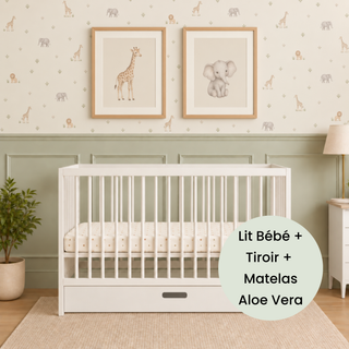 Mini Lit Bébé avec Tiroir & Matelas Aloe Vera | Blanc