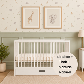 Mini Lit Bébé avec Tiroir & Matelas Naturel | Blanc