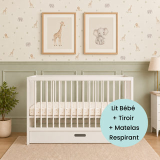 Mini Lit Bébé avec Tiroir & Matelas Respirant | Blanc
