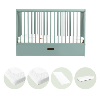 Mini Lit Bébé avec Tiroir & Matelas Aloe Vera | Vert Bleuté