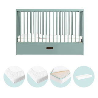 Mini Lit Bébé avec Tiroir & Matelas Respirant | Vert Bleuté